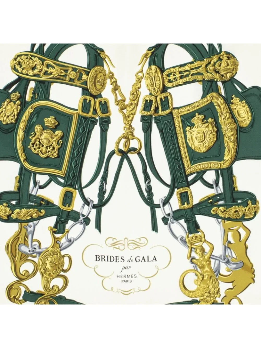 ★SOLD★ Hermes Scarf Green White 100% Gold Twill Silk - Picture 3 of 5